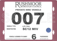 Private hire sample licence plate